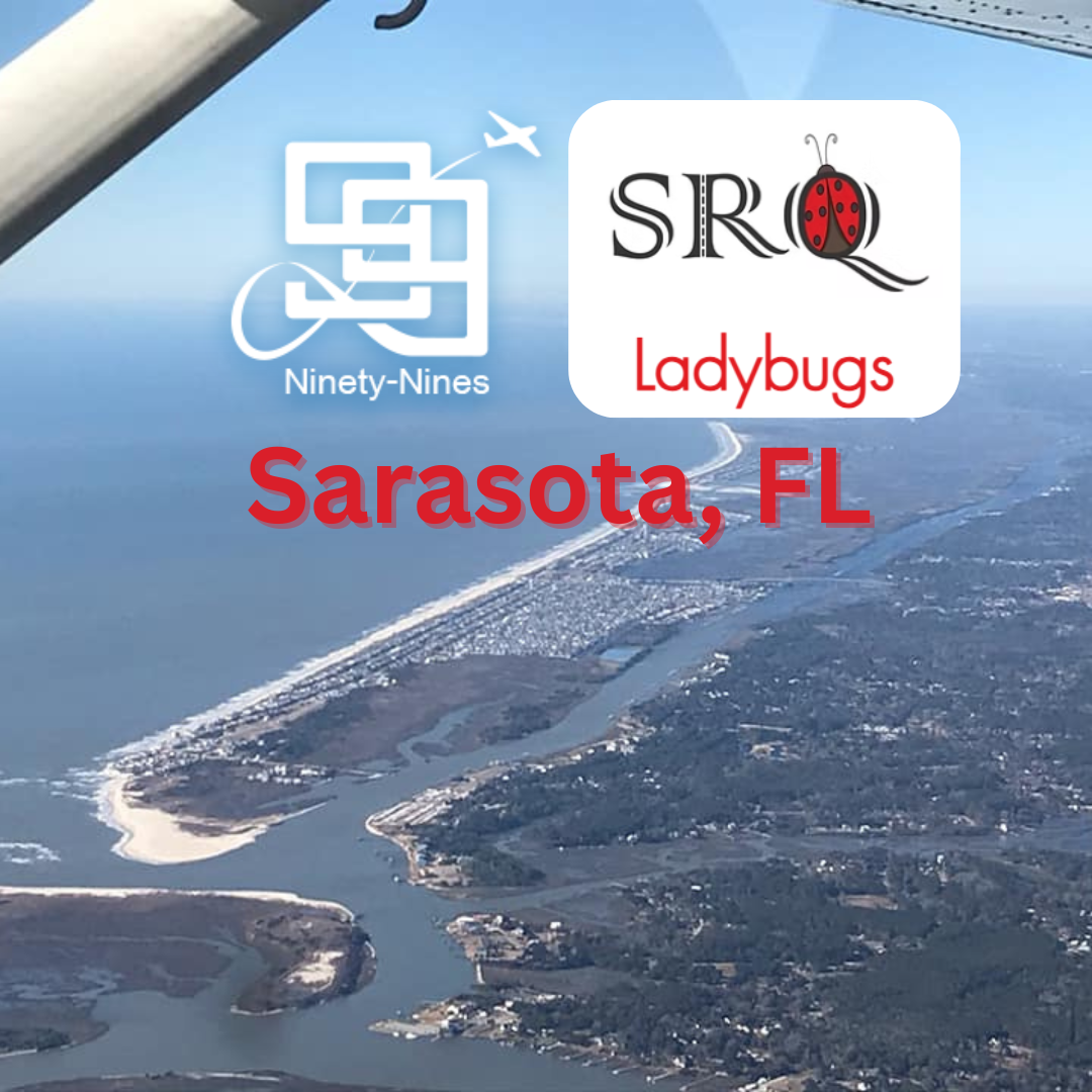 An aerial view of the eastern shoreboard with the numerical 99s logo adjacent to the SRQ Ladybugs logo and the words Sarasota, FL