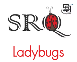 SRQ Ladybugs logo featuring a runway graphic in the letter R, and a ladybug as the letter Q, with the 99s numerical logo in the upper right corner.