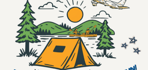 A flyer showing a tent, airplane, and mountain scene with information about the fly-in event