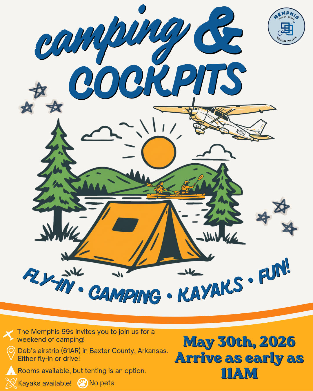 A flyer showing a tent, airplane, and mountain scene with information about the fly-in event
