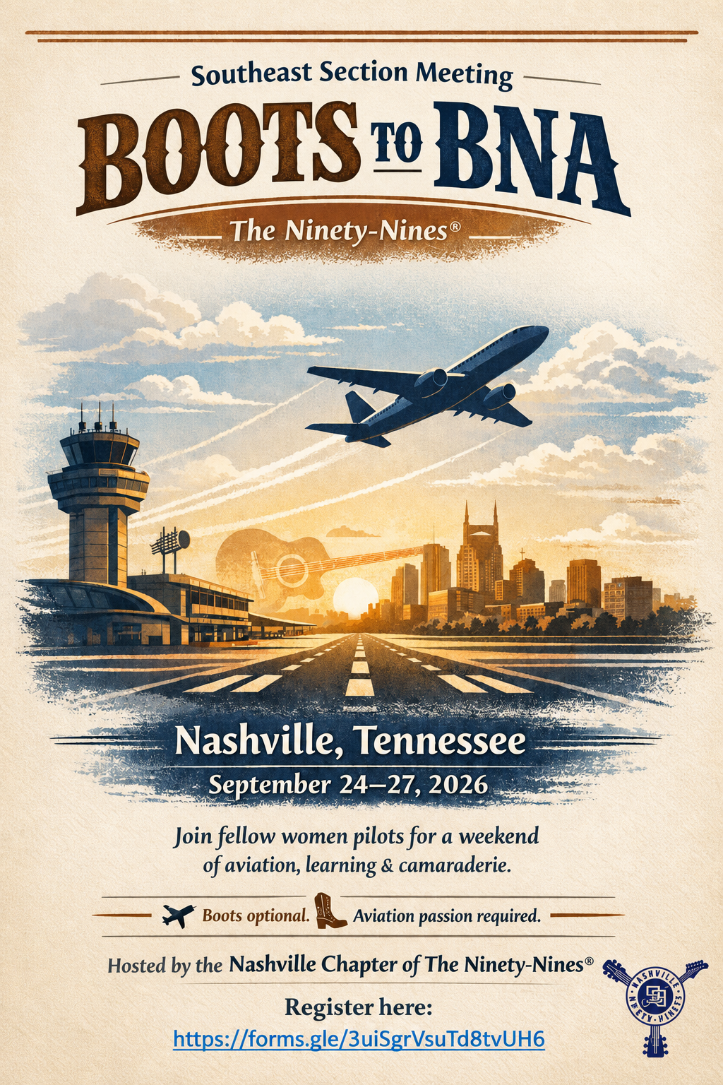 A flyer of the Boots to BNA Fall Meeting with a view of the Nashville aiport