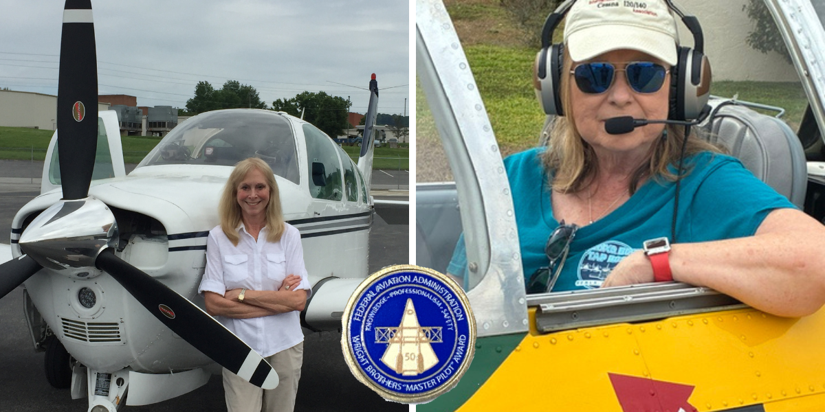 Image shows both Master Pilot recipients near their airplanes with the FAA coin in the middle