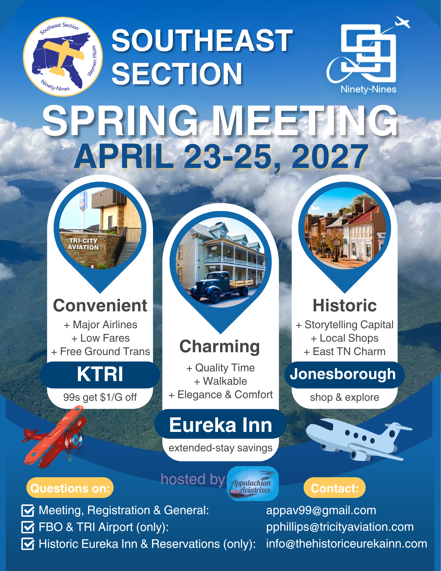 A flyer that provides the overview details of the SES Spring 2027 Meeting. It gives information about the airport, the inn, and the town.