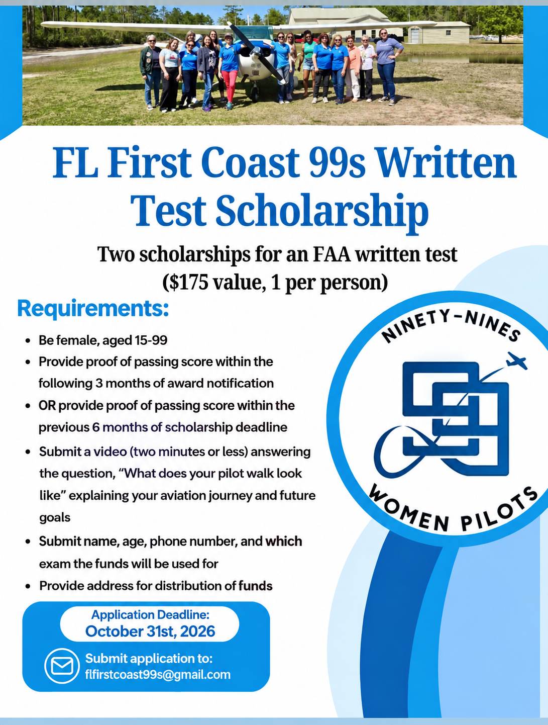 A flyer for the FL First Coast Written Test Scholarship with requirements and the 99s logo.